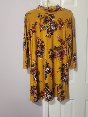 As U Wish Mustard Floral Mock-Neck Women's Dress Large